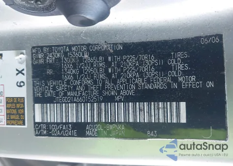 2006 Toyota Highlander из США, поврежденный, VIN JTEGD21A660152519